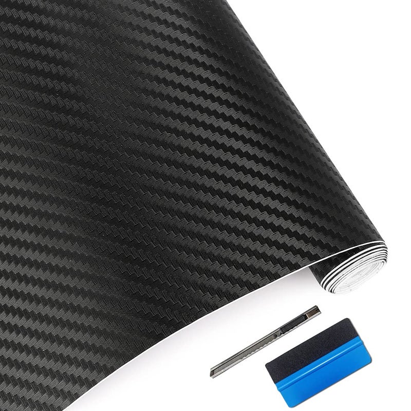 LZLRUN 3D Carbon Fiber Vinyl Wrap - Outdoor Rated for Automotive Use - 12 inches x 60 inches Contain Knife and Hand Tool (Black) - Image 1